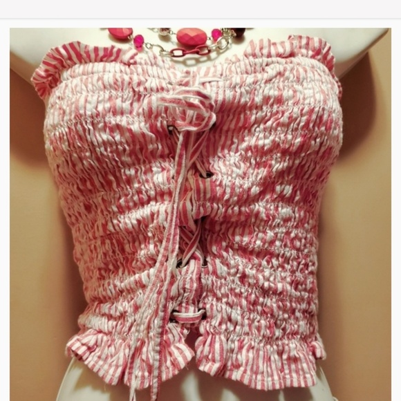 Red White Stripe Festival Corsett Crop Top L - Picture 2 of 5